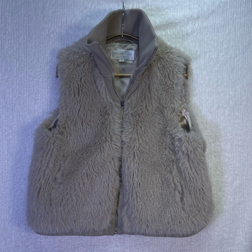 Donna Salyers' Fabulous Furs Gray Sleeveless Full Zip Faux Fur Vest Size Medium